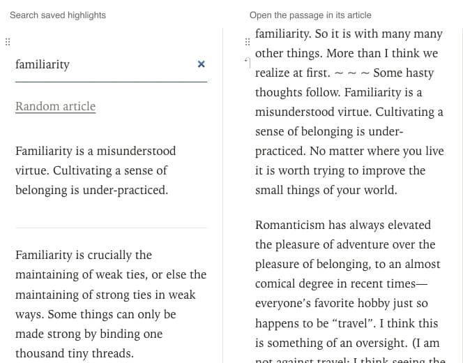 Two captures: searching saved highlights for familiarity, then opening the passage in its article