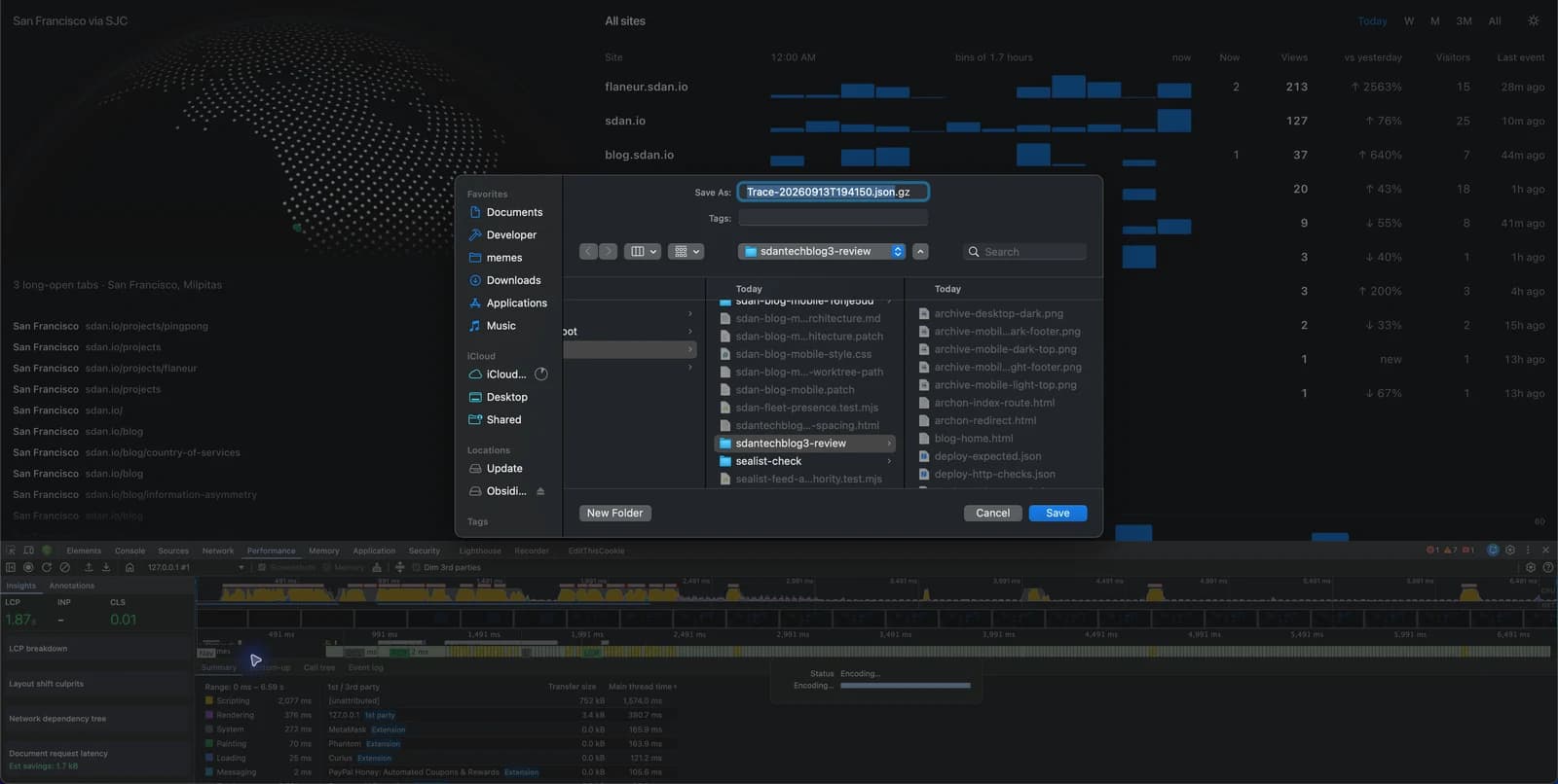 Saving the Chrome performance trace during the Astra profiling session